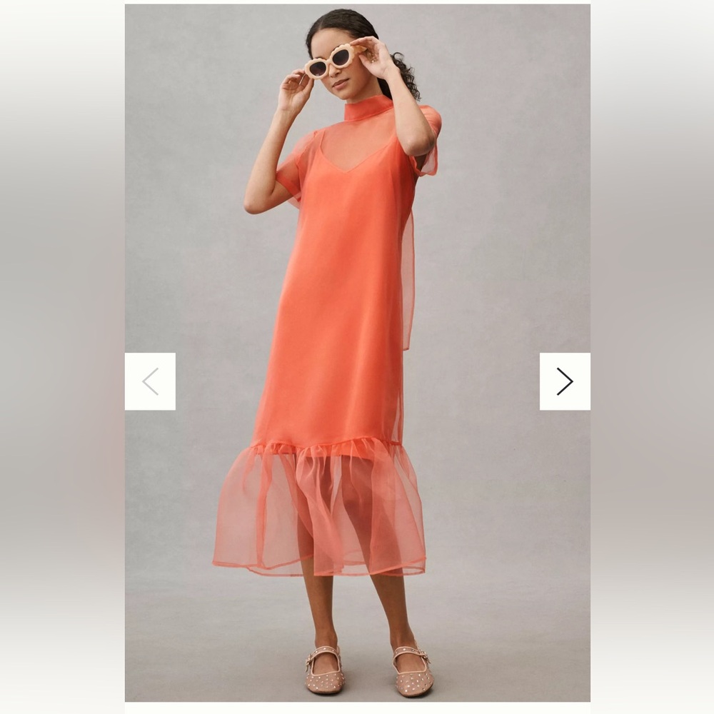 BHLDN Charlotte Short-Sleeve Organza Midi Dress Orange